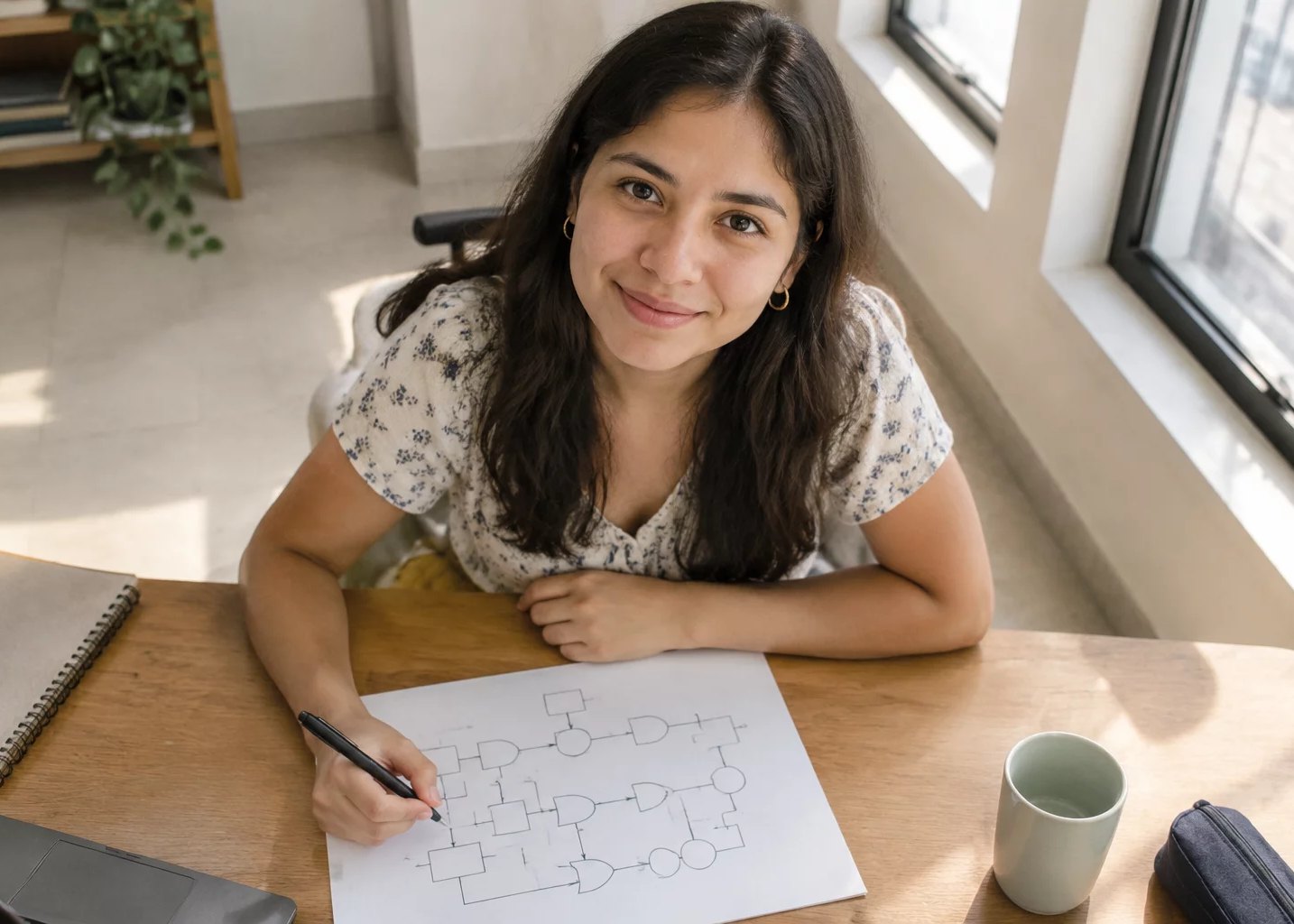 Vista cenital de un escritorio con un diagrama de lógica trazado a mano y un lapicero